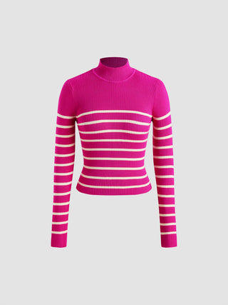 High Neck Striped Knitted Long Sleeve Top