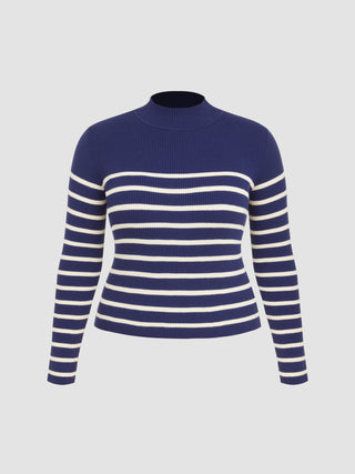 High Neck Striped Knitted Long Sleeve Top Curve & Plus