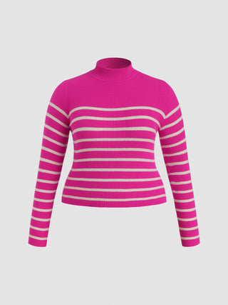 High Neck Striped Knitted Long Sleeve Top Curve & Plus