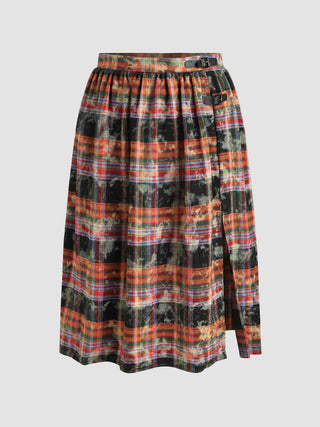 High Waist Check Split Midi Skirt Curve & Plus