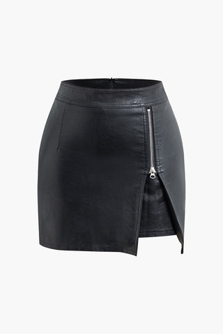 High Waist Faux Leather Zipper Mini Skirt (XL / BLACK)