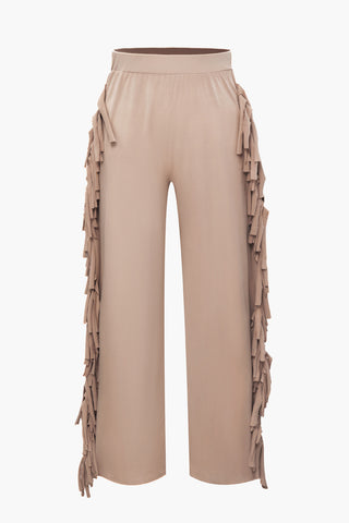 High Waist Fringe Trim Straight Leg Pants (M / CHAMPAGNE BEIGE)