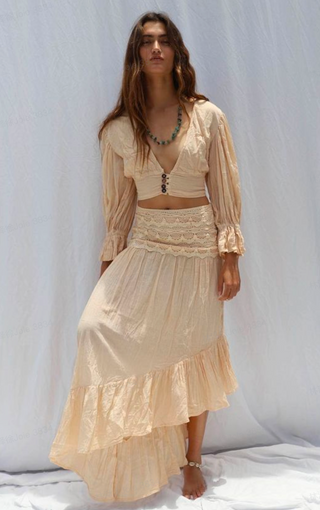 High Waist Lace Ruffle Midi Skirt (XL / Ginger)