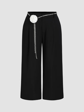 High Waist Pleated Wide Leg Trousers With Flower Waist Chain Curve & Plus