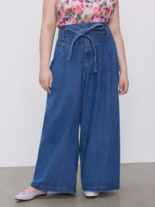 High Waist Solid Bowknot Wide Leg Jeans Curve & Plus