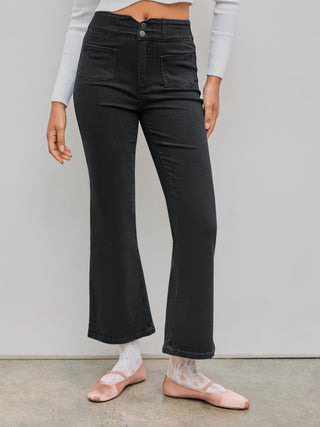 High Waist Solid Button Flared Jeans