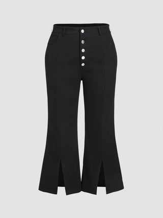 High Waist Solid Button Slit Flared Trousers Curve & Plus