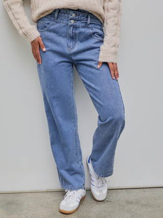 High Waist Solid Button Straight Leg Jeans