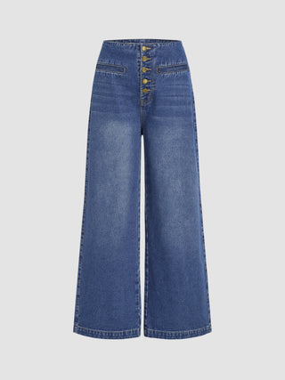 High Waist Solid Button Wide Leg Jeans