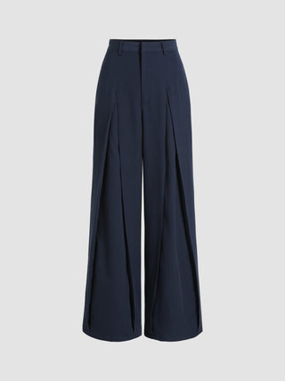 High Waist Solid Pleated Wide Leg Trousers