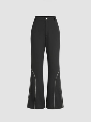 High Waist Solid Zipper Flared Trousers