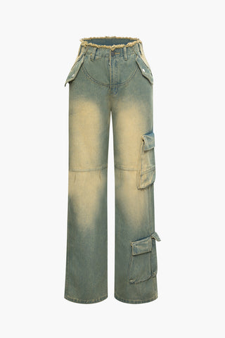 High Waisted Distressed Straight Leg Cargo Jeans (M / BLUE)