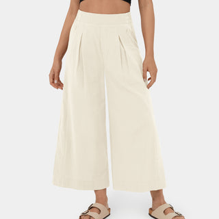 High Waisted Plicated Multiple Pockets Split Hem Wide Leg Palazzo Capri Casual Cotton Pants