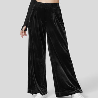 High Waisted Plicated Multiple Pockets Split Hem Wide Leg Velvet Casual Pants