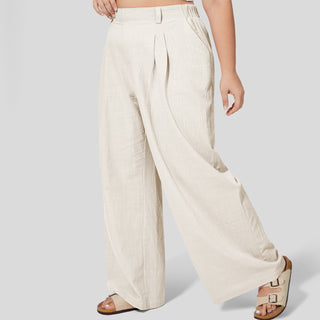 High Waisted Plicated Side Pocket Wide Leg Flowy Casual Cotton Plus Size Pants