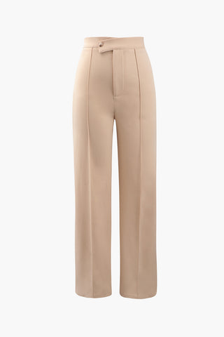 High Waisted Pressed-Crease Straight Leg Tailored Pants (L / BEIGE)