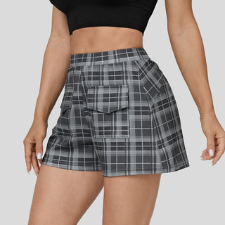 High Waisted Side Flap Pocket Plaid Casual Shorts 3''