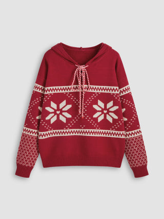 Hooded Drawstring Christmas Graphic Knitted Long Sleeve Top