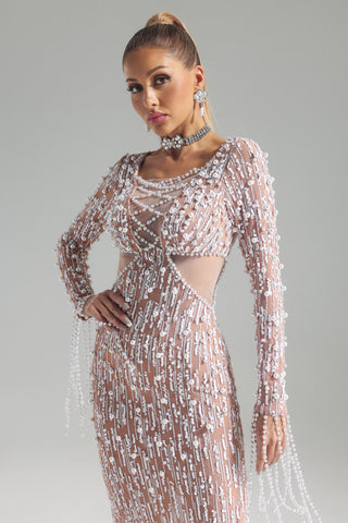 Ingrid Pearl Sequins Maxi Dress (L / Beige)