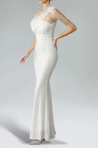 Ingrid Plume Sequined Fishtail Dress (L / White)