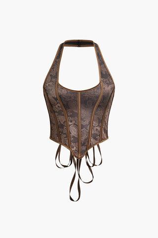 Jacquard Eyelet Tie Halter Corset Top (XS / BROWN)