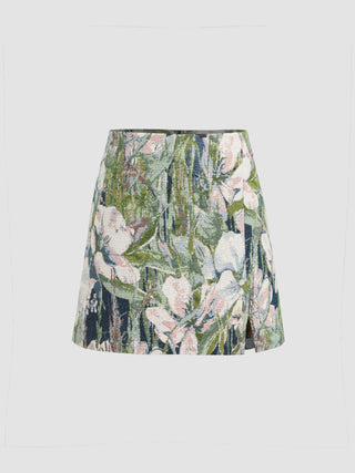 Jacquard Floral Split Mini Skirt