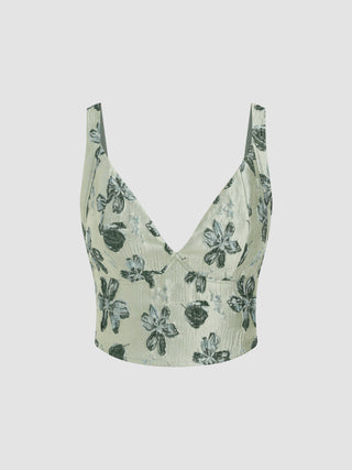 Jacquard Floral V-neck Corset Cami Crop Top