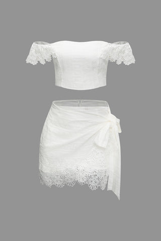 Jacquard Lace Off Shoulder Tube Top And Wrap Skirt Set (M / WHITE)