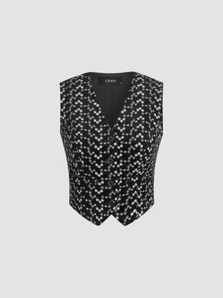 Jacquard V-neck Floral Button Vest