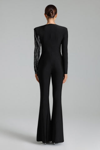 Jacqueline Sequins Deep V Jumpsuit (L / Black)