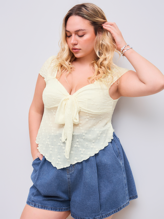 Jersey Lace Sweetheart Floral Knotted Short Sleeve Top Curve & Plus