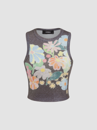 Jersey Round Neckline Floral Crop Tank Top