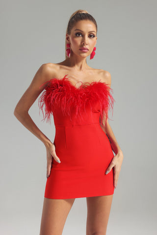 Julie Strapless Feather Mini Bandage Dress (S / Red)