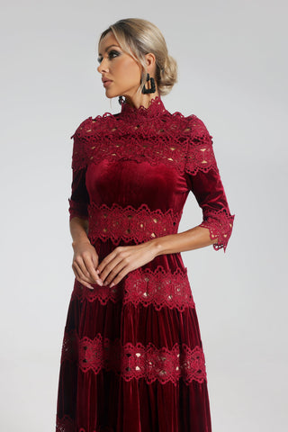 Katharine Velvet Lace Maxi Dress (M / Wine)