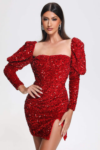 Katty Sequin Puff Sleeve Mini Dress (S / Red)