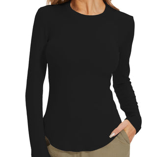 KICZOY Women Plain T-Shirts Classic-Fit Long-Sleeve Crewneck Tops Black