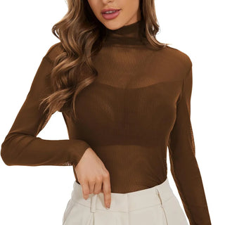 KICZOY Women See Through Tee Tops Long Sleeve T Shirt Sexy Mesh Sheer Mock Neck Layering Lace Tshirt Khaki