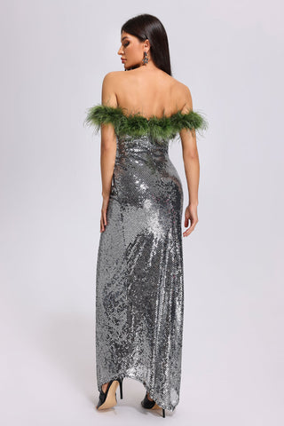 Kitty Off Shouder Feather Sequin Maxi Dress