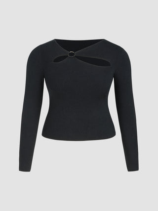 Knit Asymmetrical Neck Solid Cut Out Crop Long Sleeve Top Curve & Plus