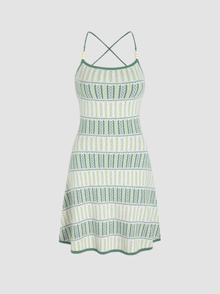 Knit Beaded Straps Tribal Tie Back Dress (L / Green)