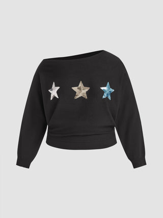 Knit Boat Neck Star Long Sleeve Top Curve & Plus