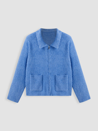 Knit Collar Solid Zipper Cardigan Curve & Plus