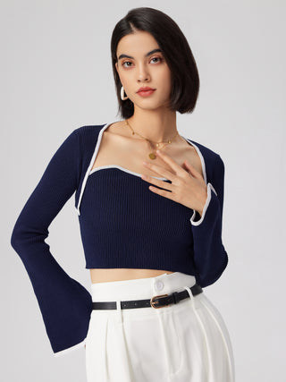 Knit Contrasting Binding Crop Tube Top & Bell Sleeve Shrug