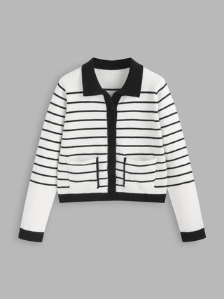 Knit Contrasting Binding Stripe Pocket Cardigan