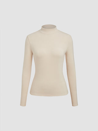 Knit Fabric Turtleneck Solid Button Long Sleeve Tee