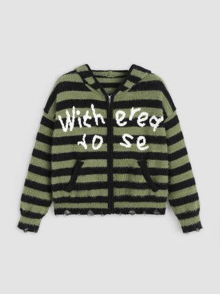 Knit Fuzzy Stripe Ripped Hooded Cardigan Curve & Plus