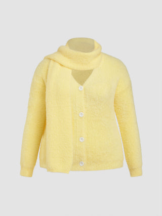 Knit Fuzzy V-neck Solid Cardigan With Scarf Curve & Plus