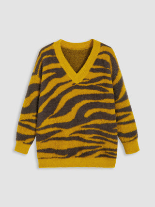 Knit Fuzzy V-neck Zebra Stripe Long Sleeve Top Curve & Plus