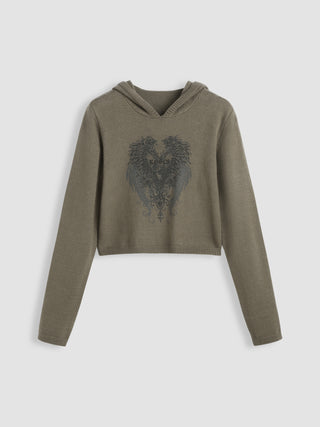 Knit Heart & Wings Graphic Hooded Crop Sweater