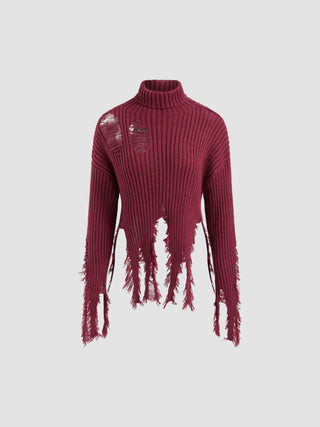 Knit High Neck Ripped Knitted Long Sleeve Top